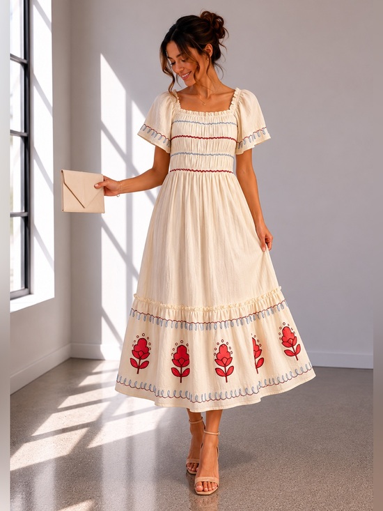 Dresses & Skirts - 431. Embroidered Garden Charm Midi Dress with Pockets